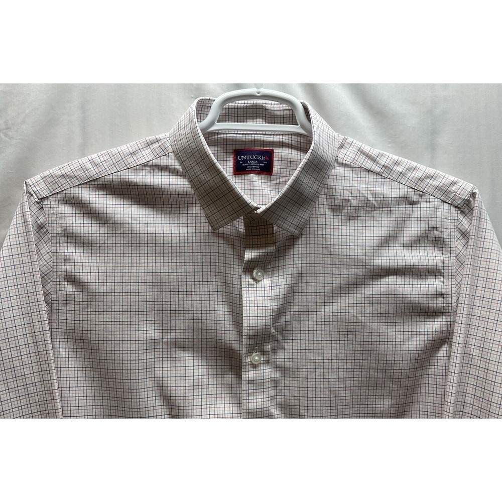 Men's UNTUCKit‎ Long Sleeve Plaid Dress Shirt White Pink Blue Slim Fit Large - Picture 2 of 6